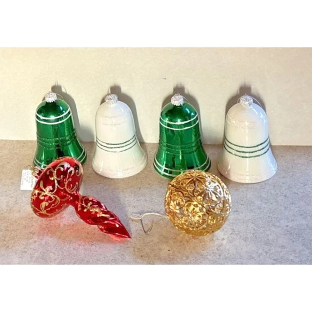 5 Hand Painted Glass Bells & 1 Gold Filigree Ball Christmas Ornaments Glitter